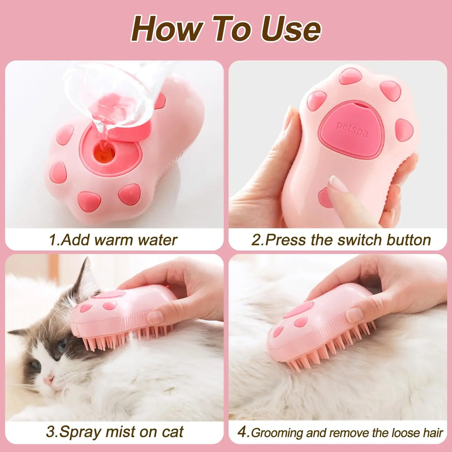 3-in-1 Pet Brush – Comb, massage, and remove loose hair.